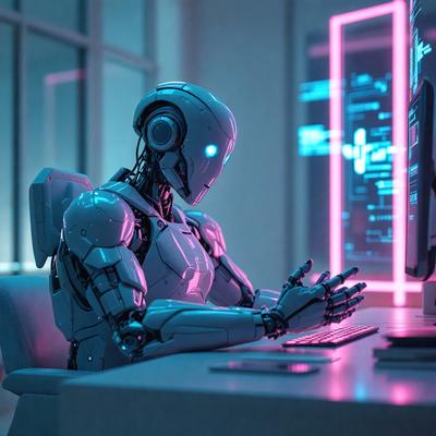 The primary subject of the image is a robot sitting at a desk and using a computer. The robot is wearing a silver suit and appears to be working on a computer. The setting is an office environment, with a desk and a computer visible in the background. The visual style is a combination of photo and digital art, creating a futuristic and technological atmosphere. The colors and mood of the image are predominantly silver and blue, giving the scene a sleek and modern feel.